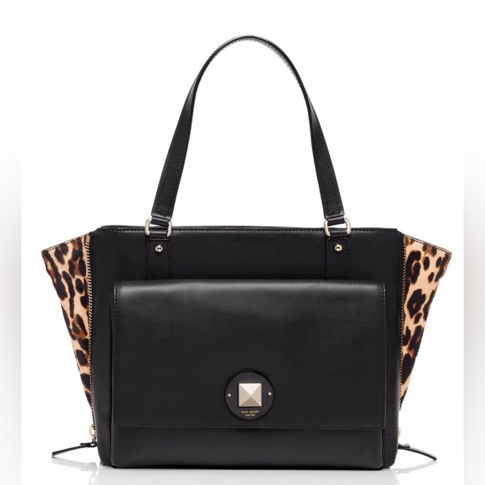 Kate Spade Varick Street Haircalf Austin Leather Tote, Black/Leopard